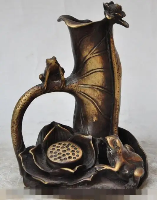 

S01281 7"Chinese folk bronze Jump Frog Lotus Flower Leaf statue Brush Pot pencil vase (B0413)