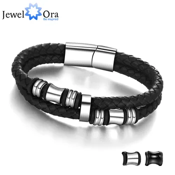 Stainless Steel Bracelet Men Black Leather Bracelets Bangle Man Jewelry Accessories Bracelet Gifts for Men JewelOra