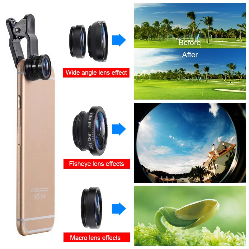 عدسة عين السمكة 3 في 1 الهاتف المحمول عدسات عين السمكة + زاوية واسعة + ماكرو عدسة الكاميرا ل iphone 7 ل xiaomi ل huawei ل samsung