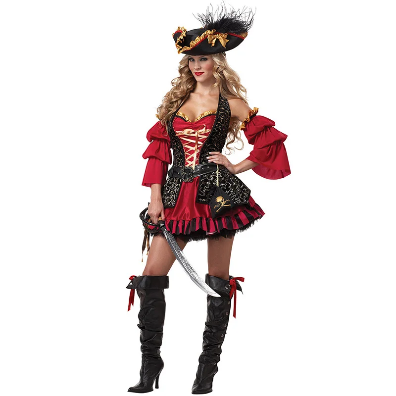 

VASHEJIANG Women Sexy Pirate Costume Halloween Fancy Party Dress Red Adult Sexy Matador Pirate Captain Cosplay with Hat