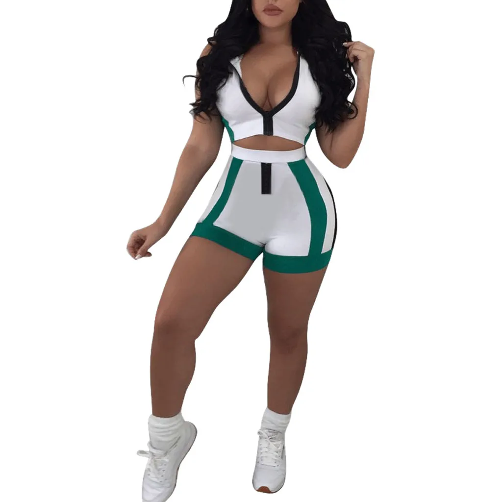

Women shorts set Navel Exposed Splicing Hooded Shorts Leisure Suit Women Sexy Two Piece Sets Sleeveless Crop Top Suit #423