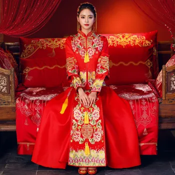 

Red Women Embroidery Formal Qipao Chinese Style Bride Wedding Dress Hanfu 2PCS Tang Top&Skirt Cheongsam Suit Vintage Gowns S-XL