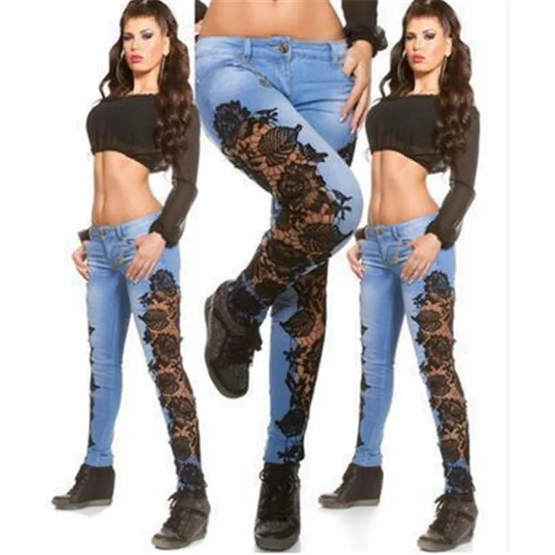 

Women Jeans Pencil Denim Skinny Ladies Lace Mid Waist Jeans Hollow Out Casual Women's Denim Pencil Pants Sexy Solid Jeans Pants