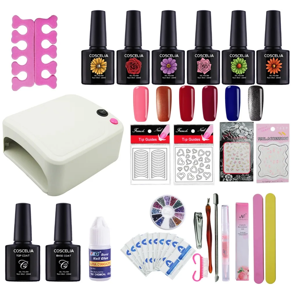 

COSCELIA 36W Nail Dryer Lamp 6 Color Nail Polish Soak Off UV Gel Base Top Coat DIY Nail Art Kit Practice Nail Gel Tools Set