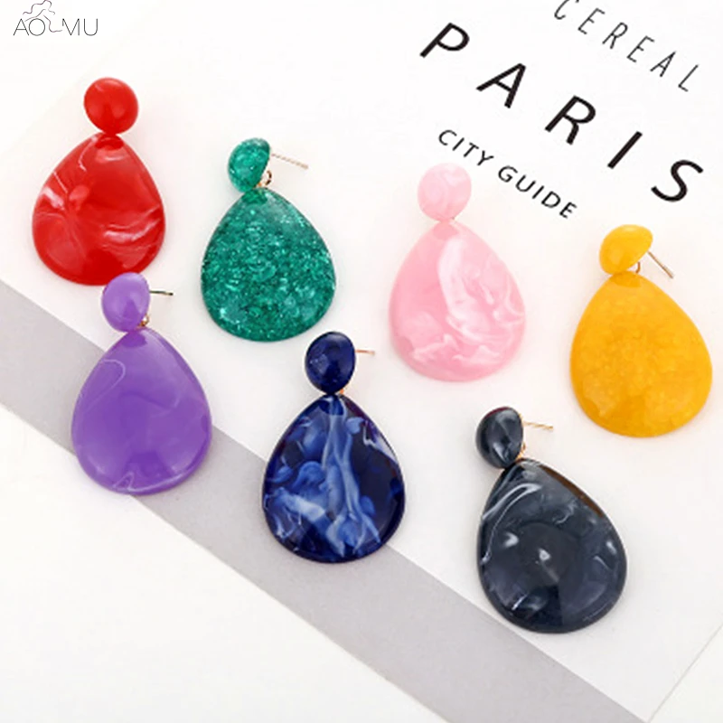 

AOMU 2018 New Design Fashion Colorful Resin Water Drop Shape Dangle Earrings for Women Bohemia Pendiente Acrylic Jewelry Brincos