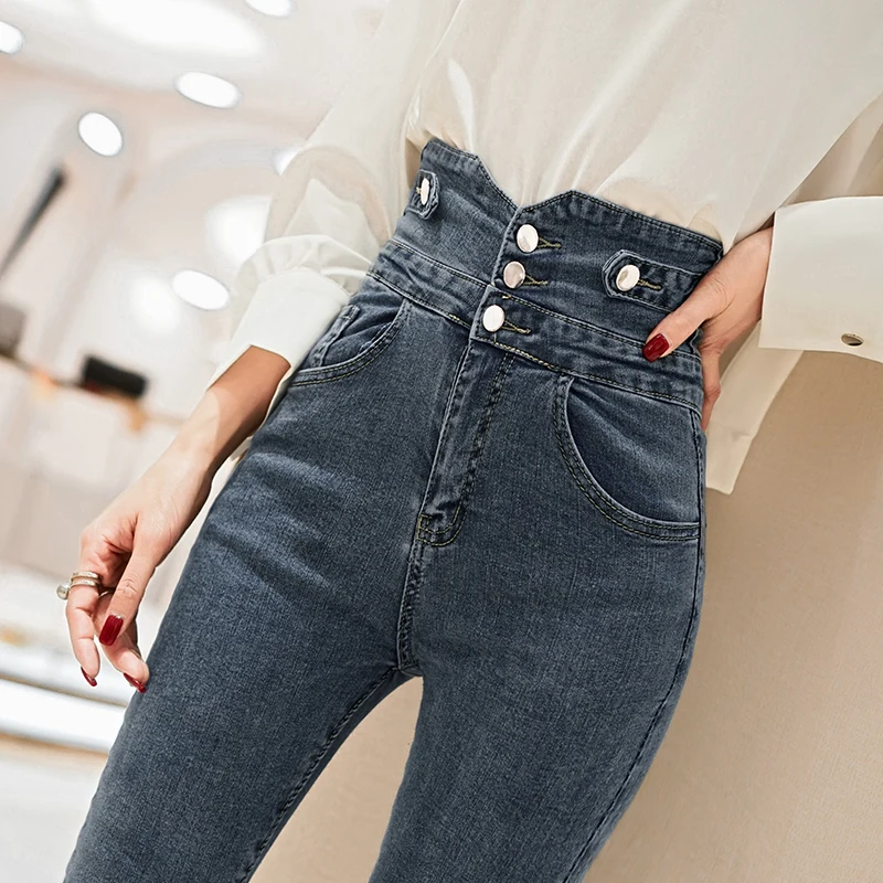 Woman High Elastic Stretch Single-breasted Jeans female washed denim skinny Flare pants Jeans for Sexy Jeans High Waist Jeans