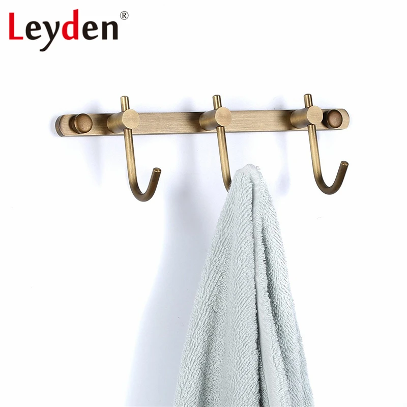 Leyden Antique Brass Brushed Bronze Row Hooks with 3 Hooks Wall Mount Classical All Copper Rustic Coats Hooks Towel Rack Holders