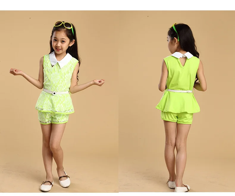 4-13Y Fashion Girls Clothes Set 2018 Summer Lace Flower Kids Outfit Girl Sleeveless Top Shorts Belt 3Pcs Suits Children Clothing (13)