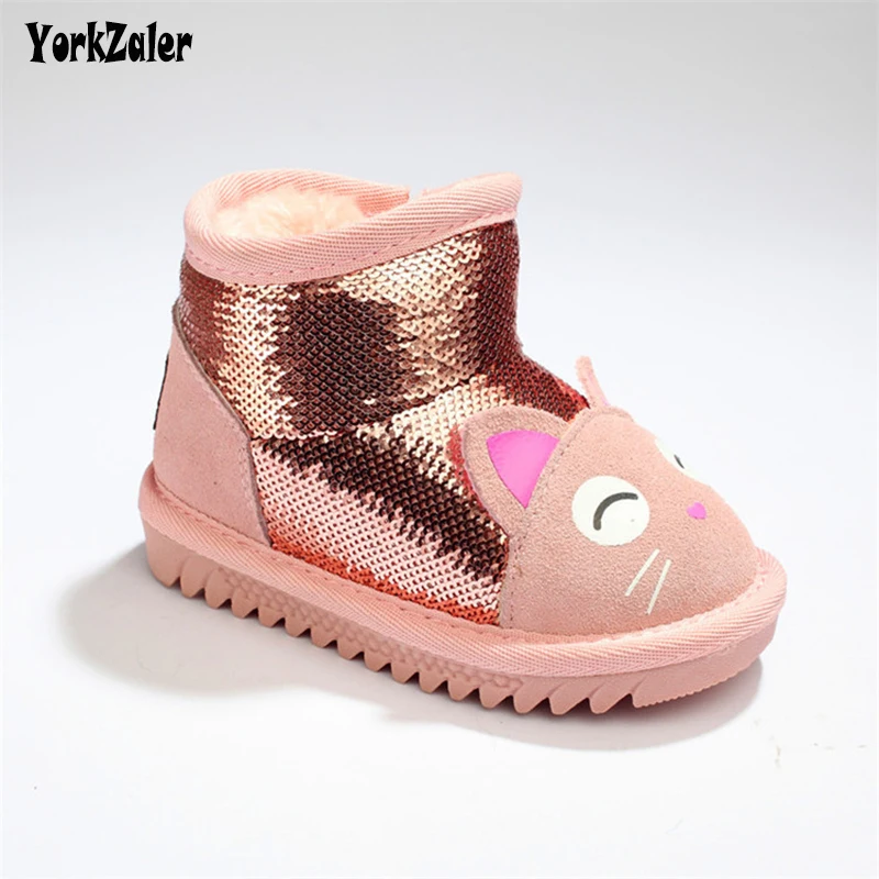 

Yorkzaler Winter Kids Snow Boots For Girl Sequines Cartoon Cats High Top Children's Shoes 2018 Warm Plush Toddler Baby Boots