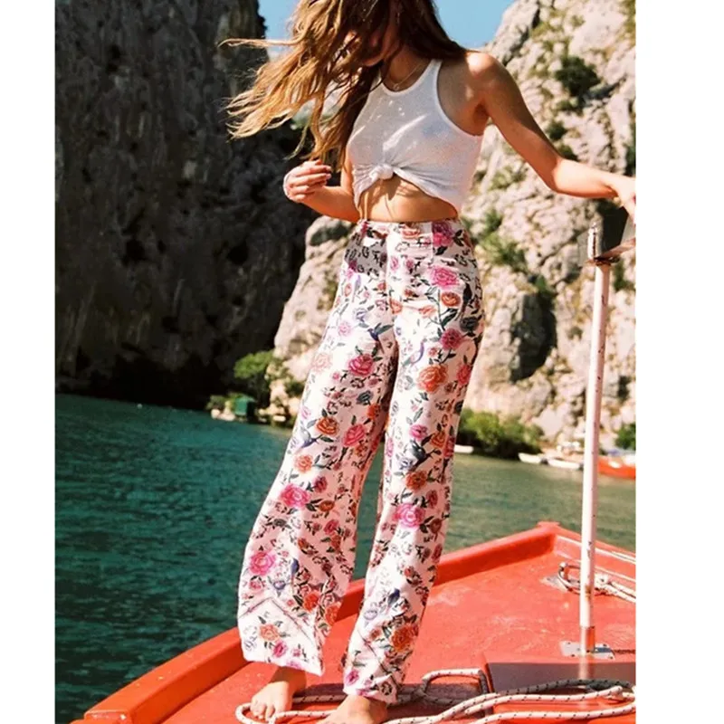 Boho Flower Print trousers Women Pants Casual Beach High