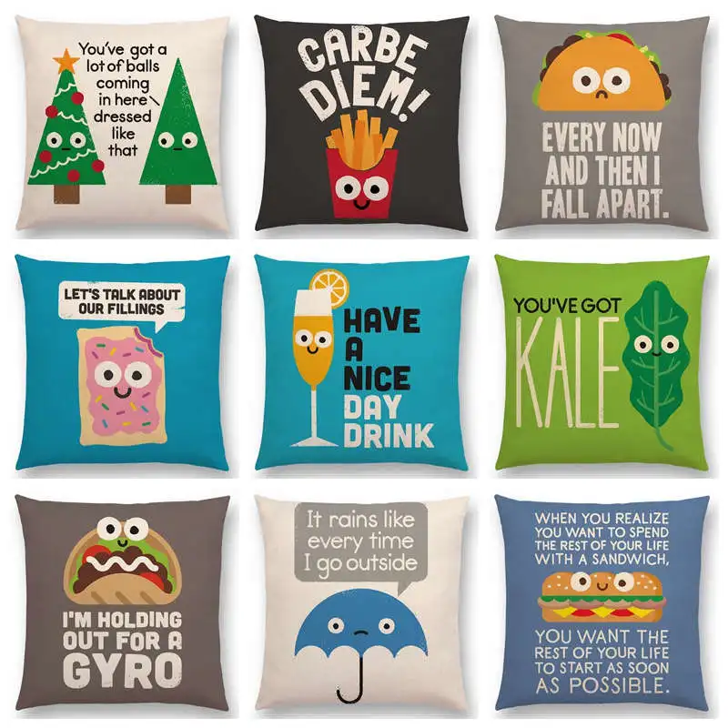 

Cute Cartoon Fries Taco Fruit Pie Happy Day Little Things Funny Words Decorative Letters Colorful Cushion Cover Sofa Pillow Case