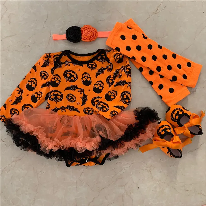 Fashion Baby Girls Halloween Pumpkin Outfits Baby Infant Clothing Gold Lace Tutu Pumpkin Dress Headbands 4PCS Bebes Costume - Цвет: Серый