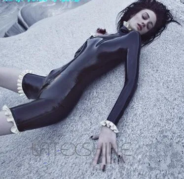 One-piece-Sexy-Womens-Latex-Tight-Natural-Gel-Black-Latex-Clothing-with-White-Tirm