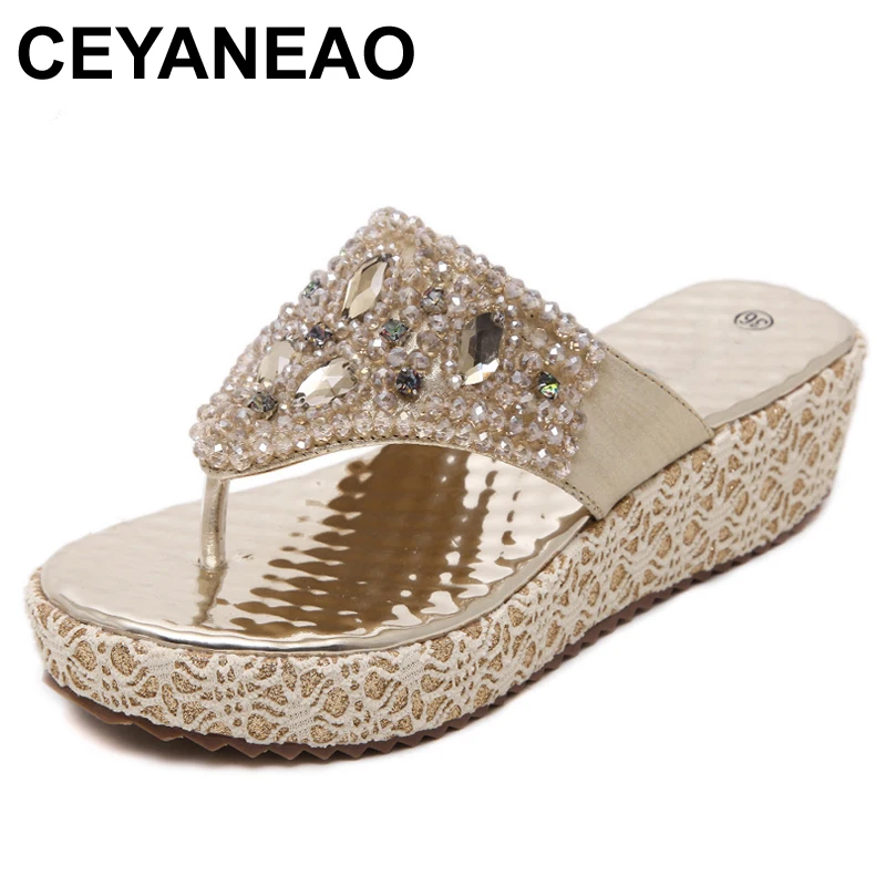 

CEYANEAO 2019 Women Summer Gold Silver Sandals Bead Rhinestone Leisure Beach Shoes Slippers 35-40E2002