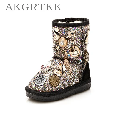 

Children's new fashion snowshoe metal button manual drill and thickening soles non-slip wear-resistant mid-tube boots