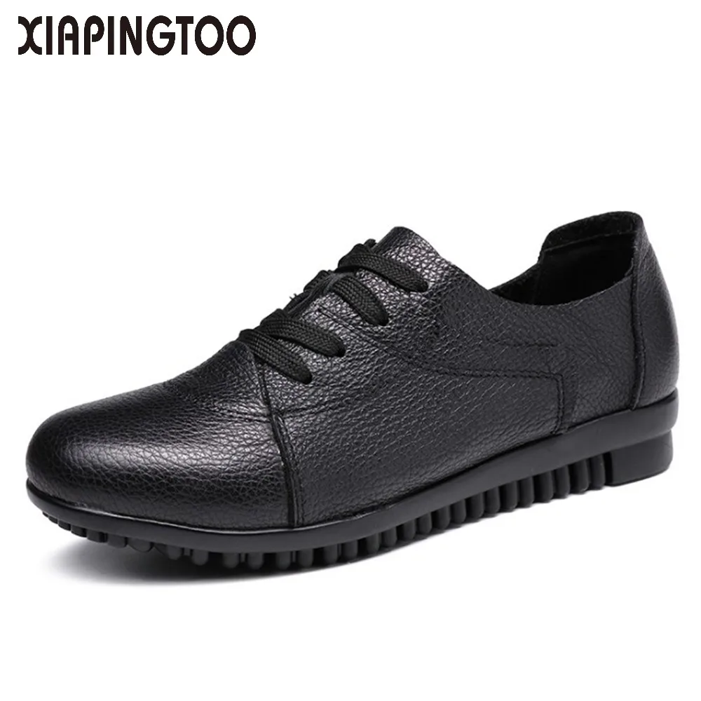 Black Soft Genuine Cow Leather Flats Spring Autumn Casual Sapato Feminino Slip-On Comfortable Cross-tie Round-Toe Big Size 35-43