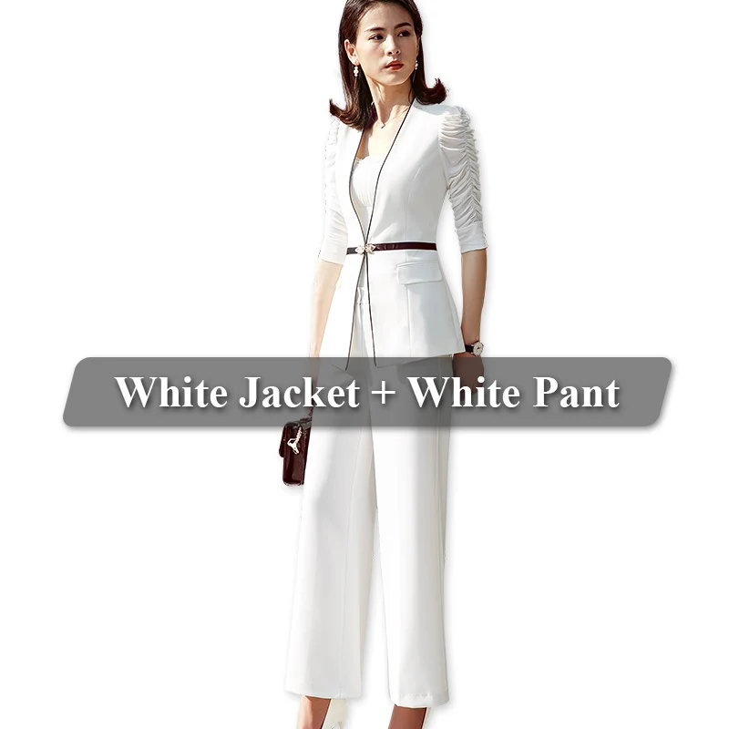 Lenshin 2 шт. Комплект Половина рукава формальный брючный костюм для женщин Рабочая одежда офис леди униформа Стиль Бизнес куртка со свободными штанами - Цвет: Белый