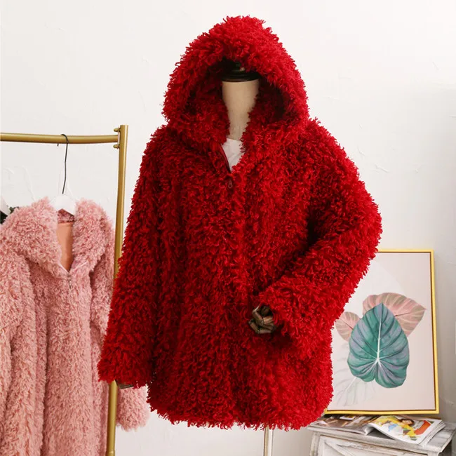 Однотонные женские пальто и куртки с капюшоном из искусственного меха зимние толстые теплые лохматые меховые пальто женская верхняя одежда приталенное пальто cwf0057-5 - Цвет: Красный