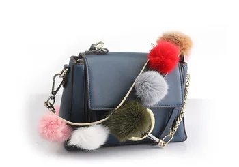 

Luxury Real Fox Fur Women Bag Strap Color Pompom Leather Sling Handbag Belt