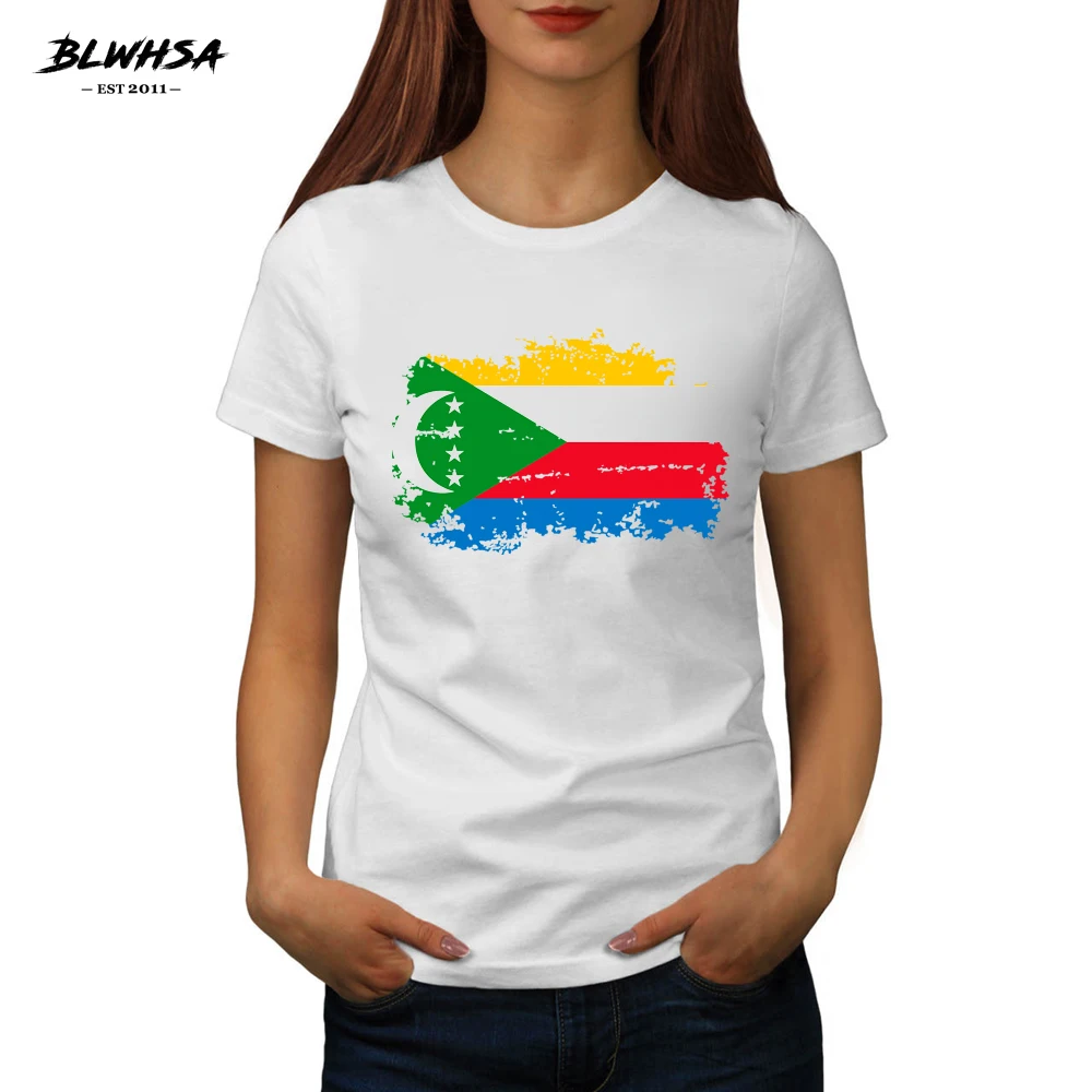 

BLWHSA New Comoros Flag Printing T shirt Women Casual Short Sleeve Cotton Funny T-shirts Hip Hop Comoros National Flag Girl Tees