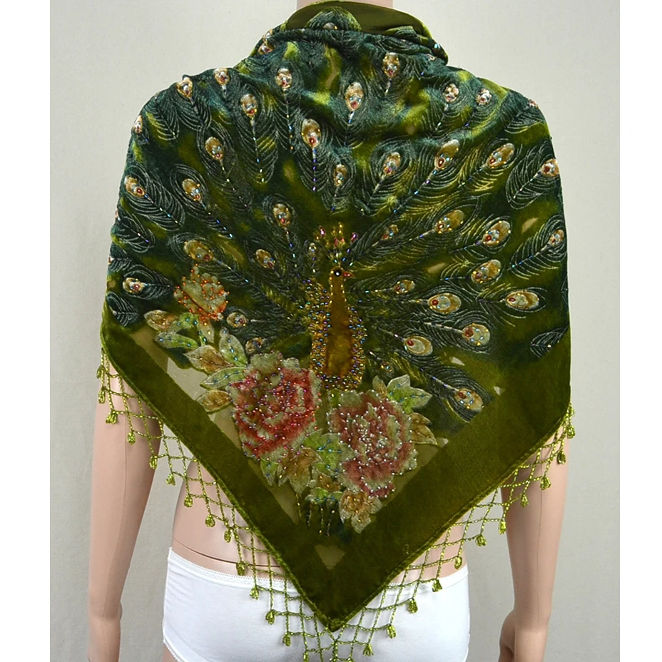 Женский Шелковый велюровый треугольник вышитый цветок шаль шарф с павлином Модный ручной работы с бисером блесток 155x75 см 112319