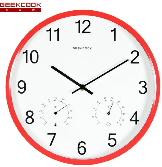 Большие 12 дюймов металлические настенные часы бесшумные подметательные руки не тикают с термометром гигрометром для гостиной, офиса, домашнего декора - Цвет: Red