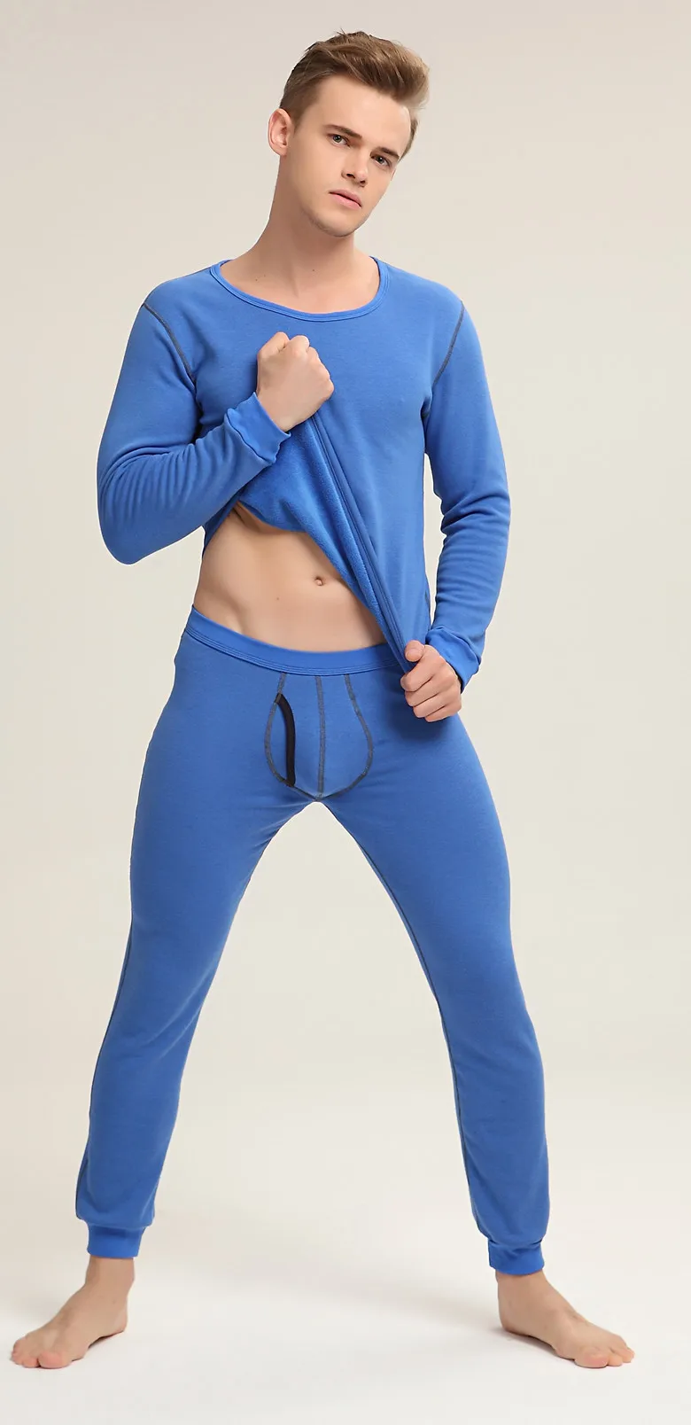 Зима, мужское модное хлопковое термобелье, мужские кальсоны, рубашка+ штаны, комплект из 2 предметов, теплый плотный бархат, 6 цветов - Цвет: blue