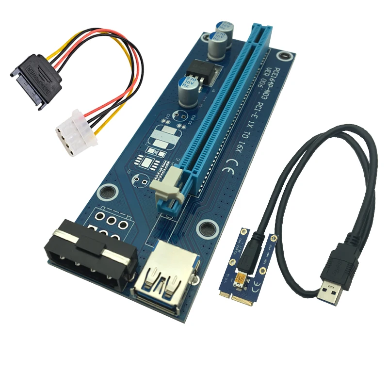 Мини PCIE Riser Card PCI-E PCI Express 1x to 16x USB 3,0 кабель SATA to 4Pin IDE Molex источник питания для майнинга BTC - Цвет: Синий