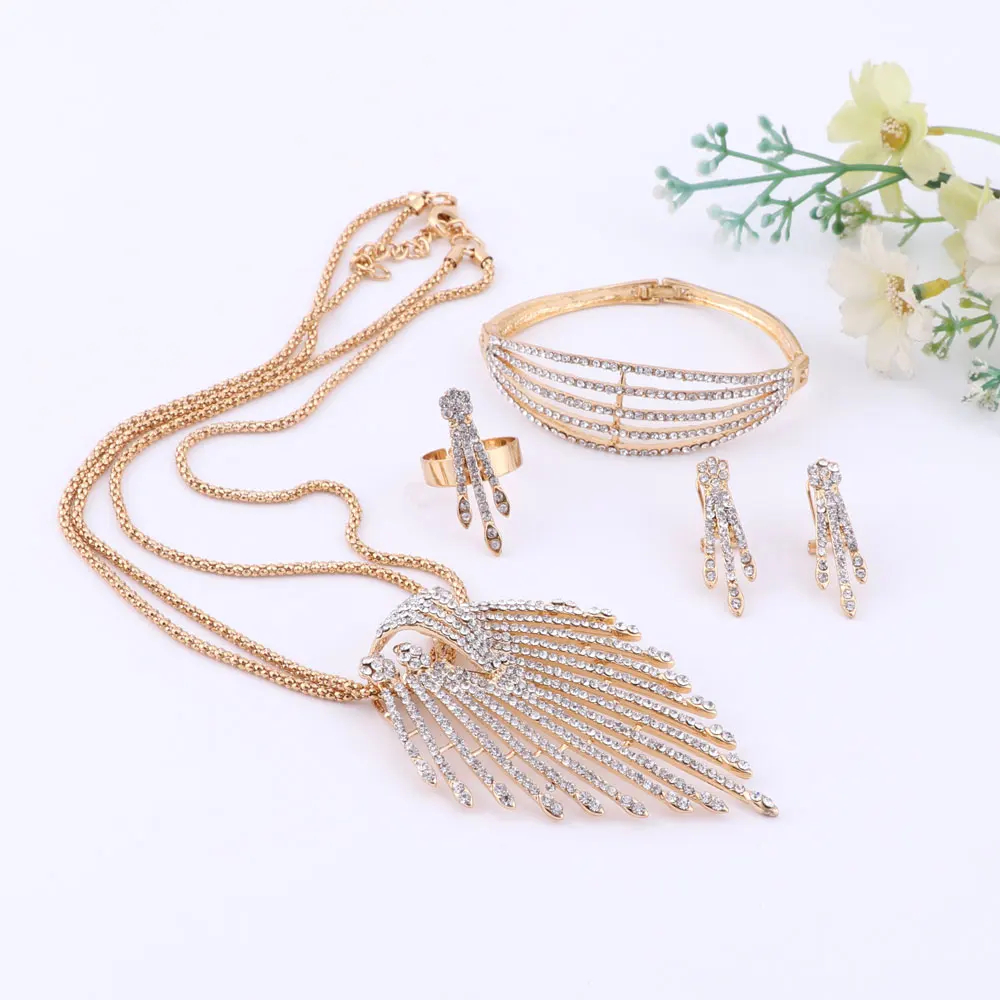 Billig Feine Afrikanische Perlen Schmuck Sets Halskette Armband Ohrringe Ringe Kristall Party Hochzeit Gold Farbe Braut Kragen Zubehör Sets