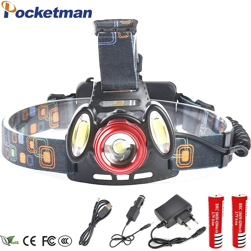 

3800 lumens rechargeable led headlamp T6 head flashlight torch cree xml t6 + 2COB head lamp waterproof headlight 18650 battery