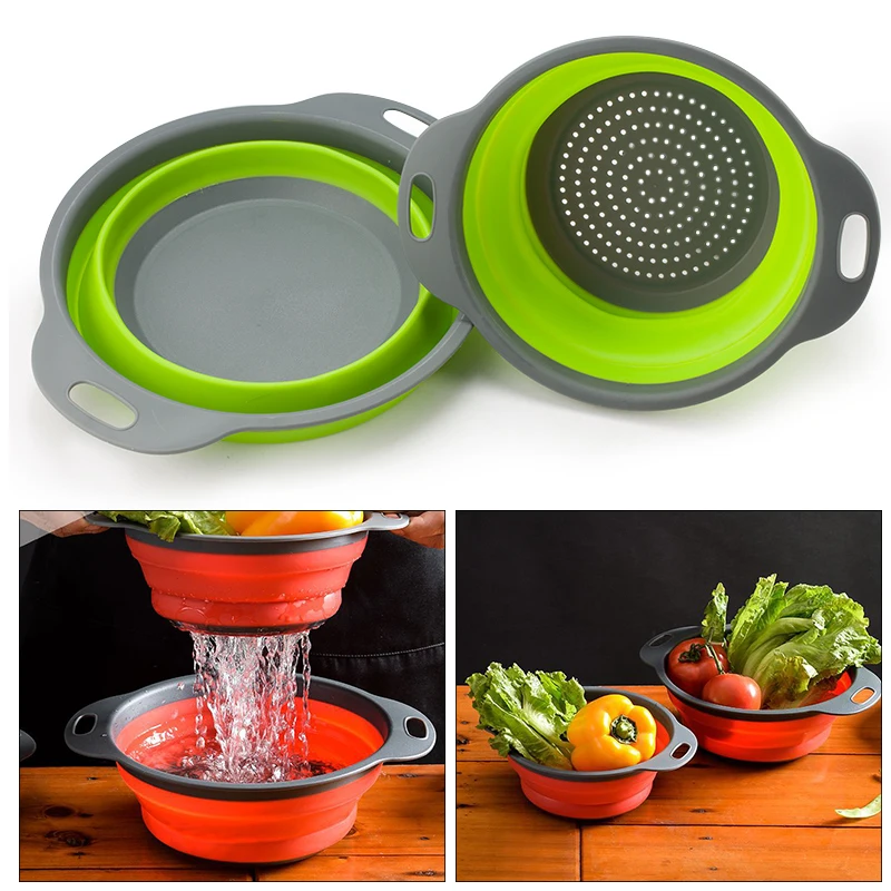 

2pcs Collapsible Colanders Set Silicone Kitchen Fruit Vegetable Baskets Folding Strainers Wash Draining Basket Kitchen Tools