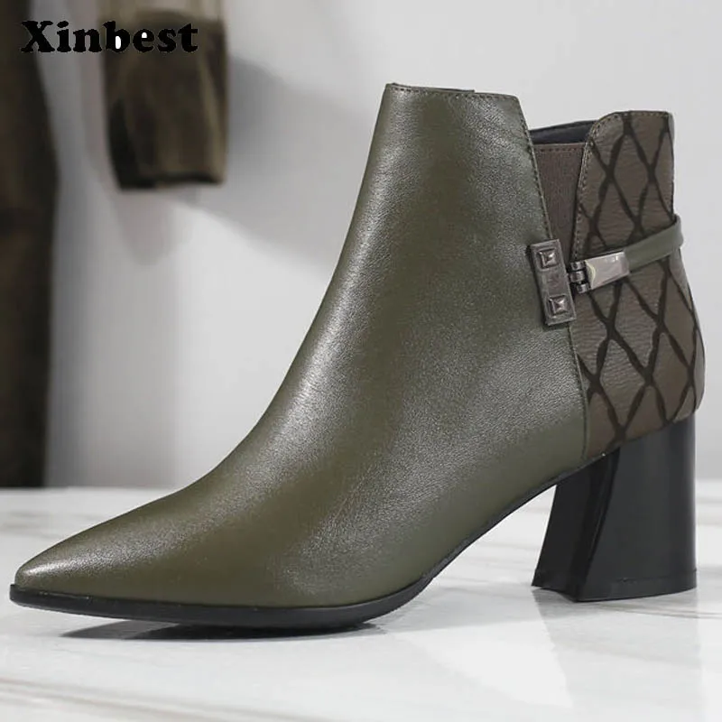

Xinbest Women Boots Genuine Leather Women High Heel Shoes Pointed Toe Ankle Boots For Women Square heel Womens Winter Boots
