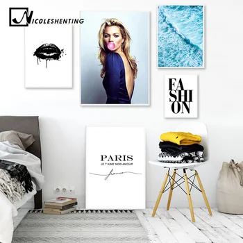 

Bubble Girl Black Lips Canvas Art Painting Sea Landscape Nordic Fashion Posters Prints Scandinavian Style Wall Picture for Room