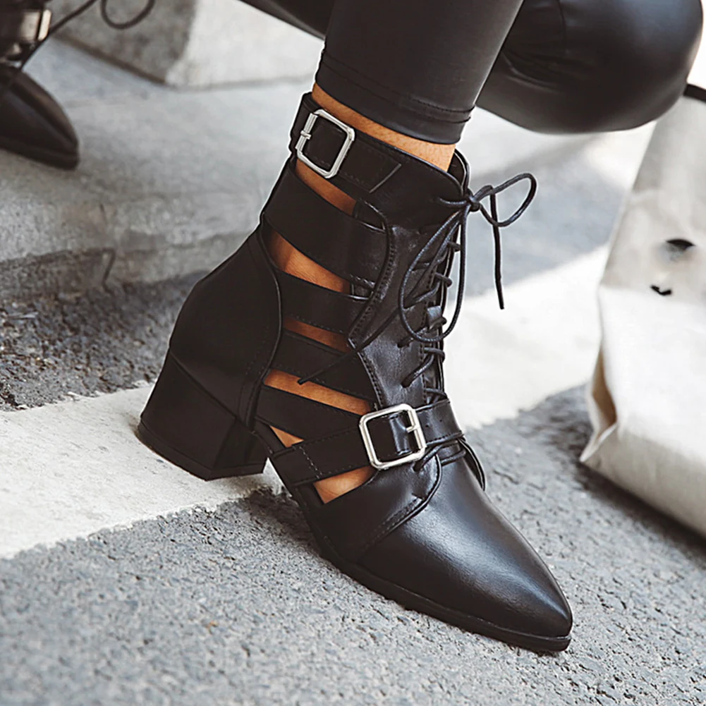 

Fashion Shoelaces Gladiator Summer Boots Woman Pointed Toe Chunky Heels Summer Boots Woman Shoes Women Plus Size 32-49