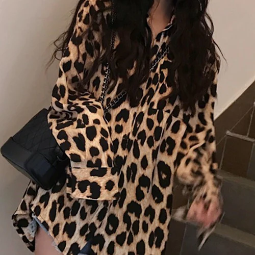 Женские топы и блузки, Повседневная Свободная Корейская блуза с длинным рукавом и леопардовым принтом, Женские топы с отложным воротником, платье-рубашка - Цвет: Leopard