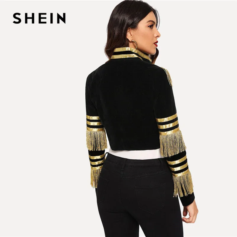 Promo  SHEIN Lady Fringe Patched Metallic Double Breasted Stripe Black Gothic Jacket Women Autumn Stand Co