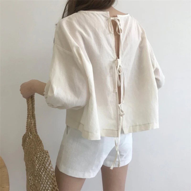 

casual o-neck blusas mujer de moda 2019 hollow out solid bow three quarter womens tops and blouses sort high quality Backless