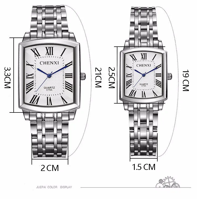 CHENXI, квадратные женские часы, римская цифра, серебро, нержавеющая сталь, кварцевые часы для мужчин, для влюбленных, женские часы, ретро стиль, повседневная пара
