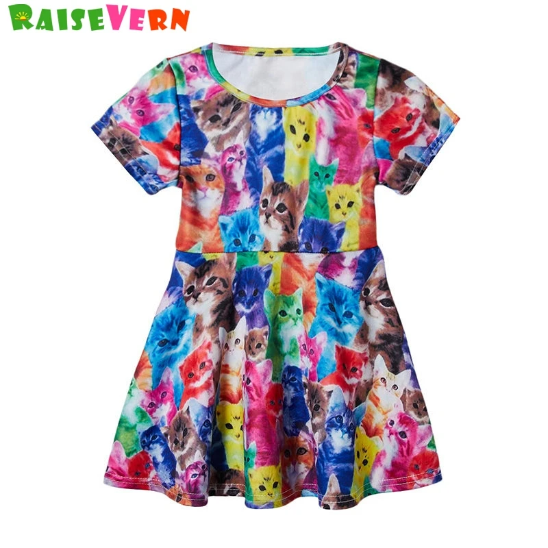 

Cute Cat Print Girls Dress Spring Summer Brand Kids Plaid Dress Casual Short Sleeve Baby Girl Dresses Vestidos Clothing