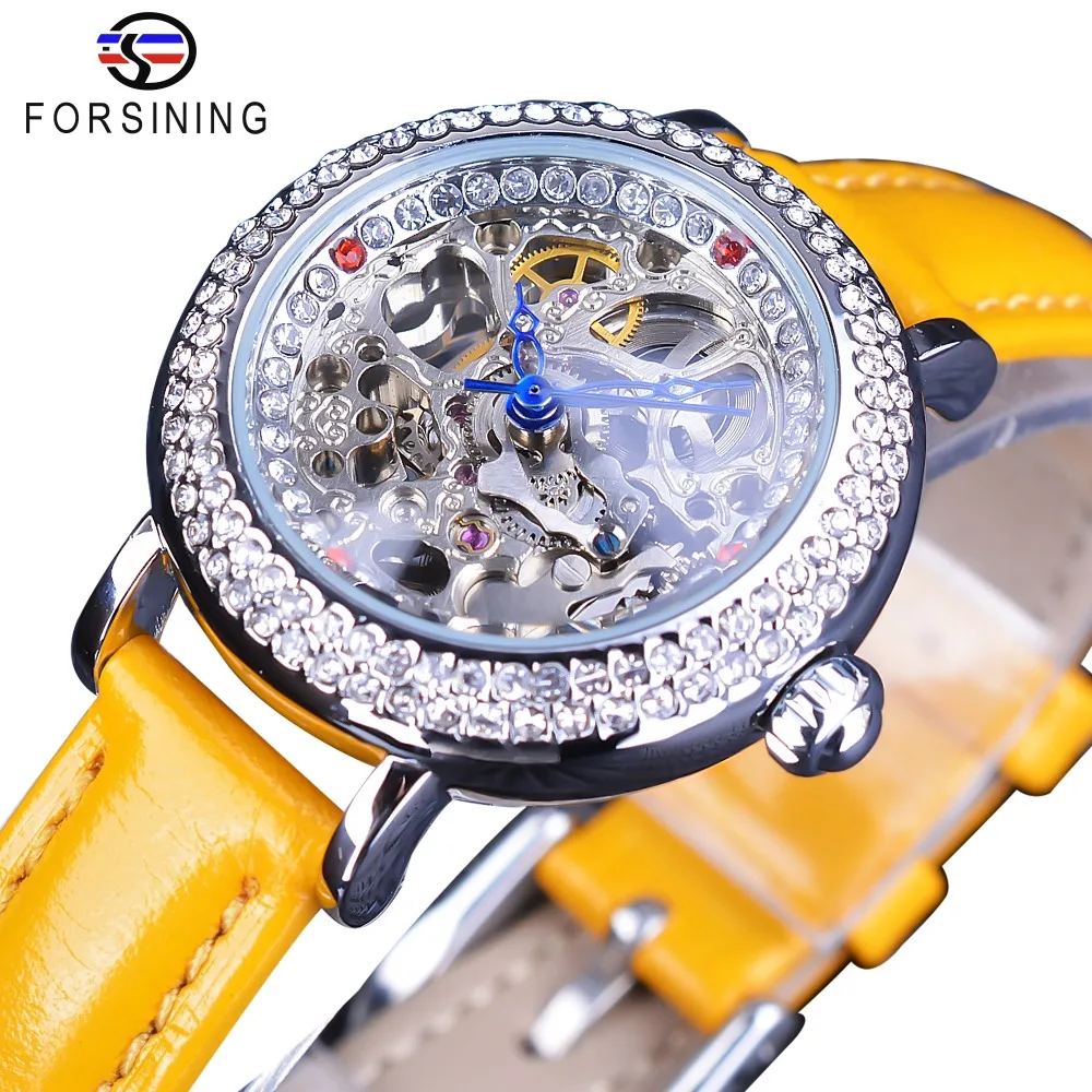 

Forsining Yellow Leather Transparent Flower Back Skeleton Royal Crown Fashion Lady Diamond Luxury Women Mechanical Watches Clock