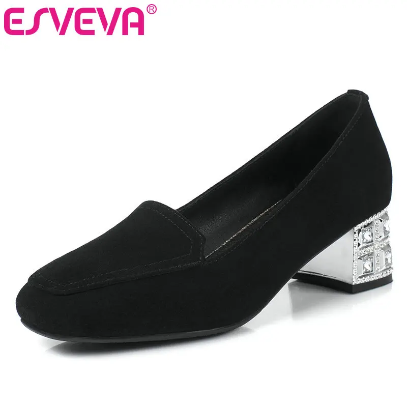 

ESVEVA 2017 BlackKid Suede Women Pumps Square Toe Spring Autumn Shoes Square Heel OL Work Shoes Wedding Woman Shoes Size 34-39