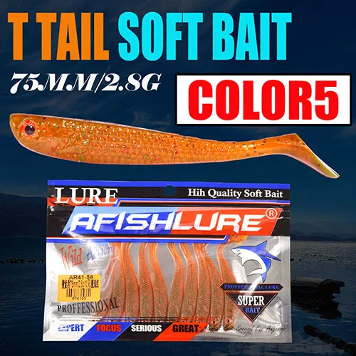 Afishlure 10 шт./лот мягкий прикорм рыболовства бас Lure75mm/2,8 г T хвост Форма Grub Шад Swimbait искусственные приманки - Цвет: 5