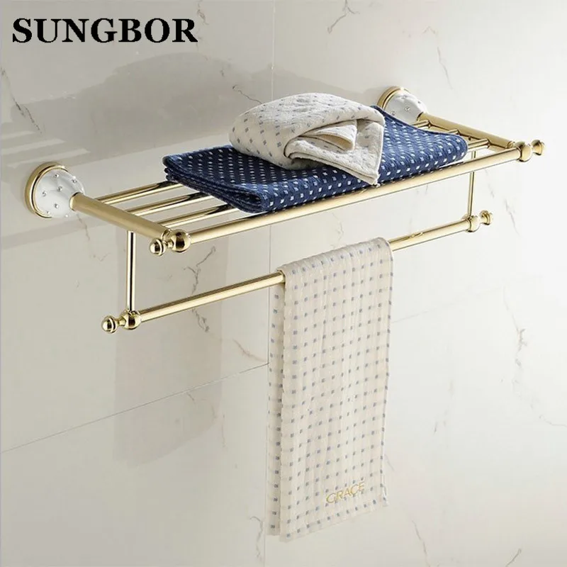 Brass+Crystal Gold Plating Towel Shelf with Bar, Towel Holder Bathroom