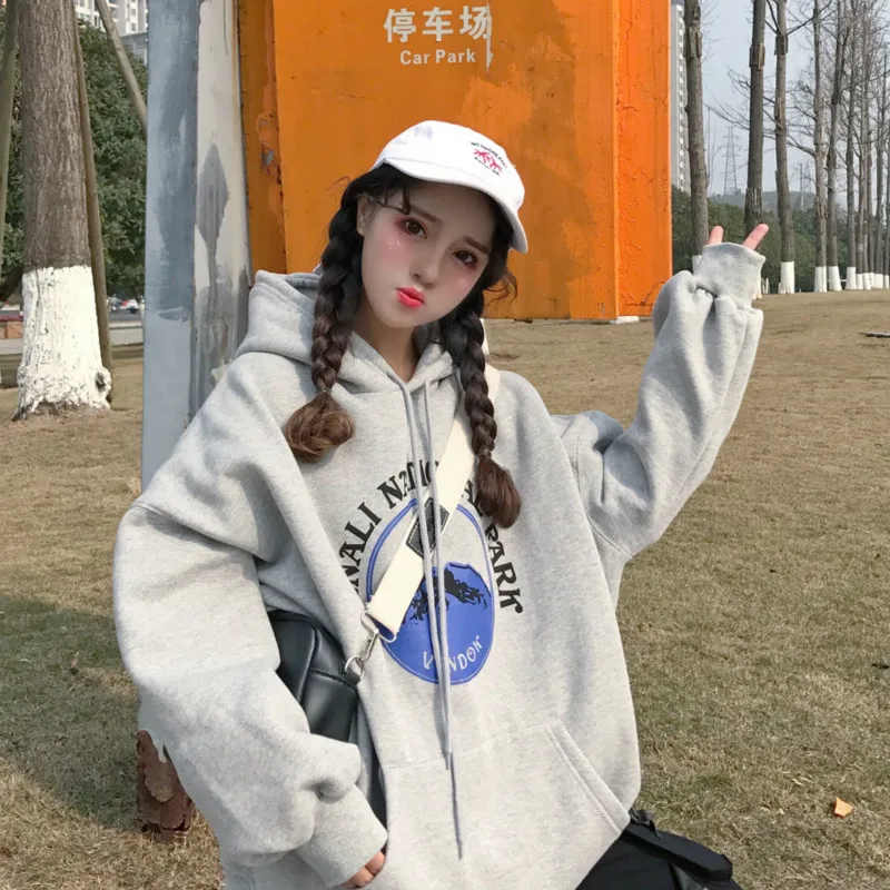 Harajuku модные зимние Mountain Письмо печати Для женщин толстовки с длинным рукавом