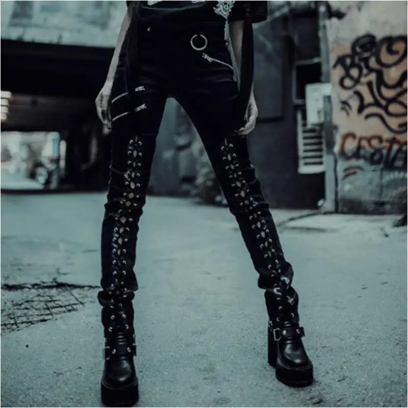 Liser для женщин готический панк на шнуровке Карандаш Брюки Поддельные молнии с карманом выдалбливают узкие длинные обтягивающие брюки