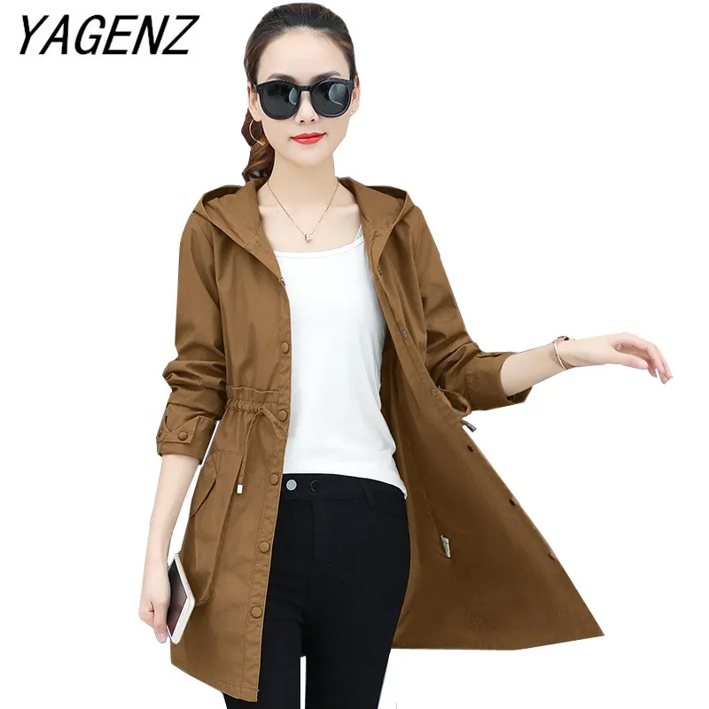 

Mid-length Women Hooded Coat Spring Elegant Slim Windbreaker Solid Casual Long-sleeved Female Thin Trench Coat Plus size 3XL