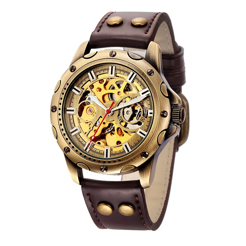 Мужские часы Скелет автоматические механические Ретро бронзовые мужские часы лучший бренд Роскошные спортивные военные наручные часы новые relogio Masculino - Цвет: brown