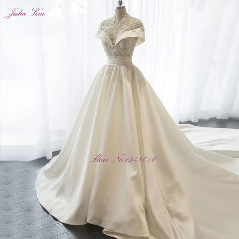 

New Lustrous Satin High Collar A-line Wedding Dress Beading Pearls Crystals Appliques Floor-Length Elegant Princess Bride Dress