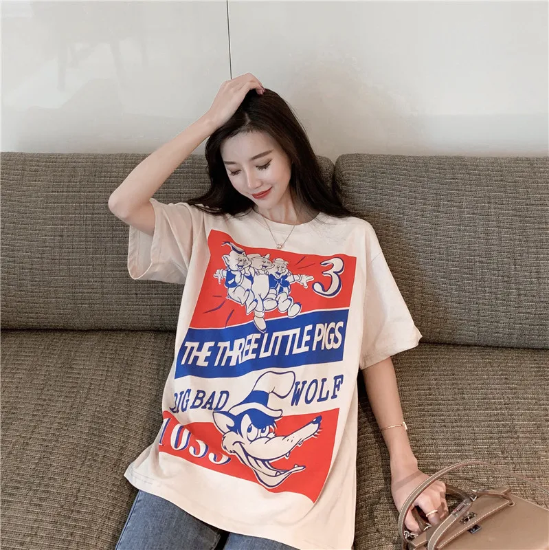 Harajuku Ulzzang Oversize tshirt мультфильм печати короткий рукав футболки корейский стиль Для женщин Свободные Летние Футболка женская Повседневное Топы