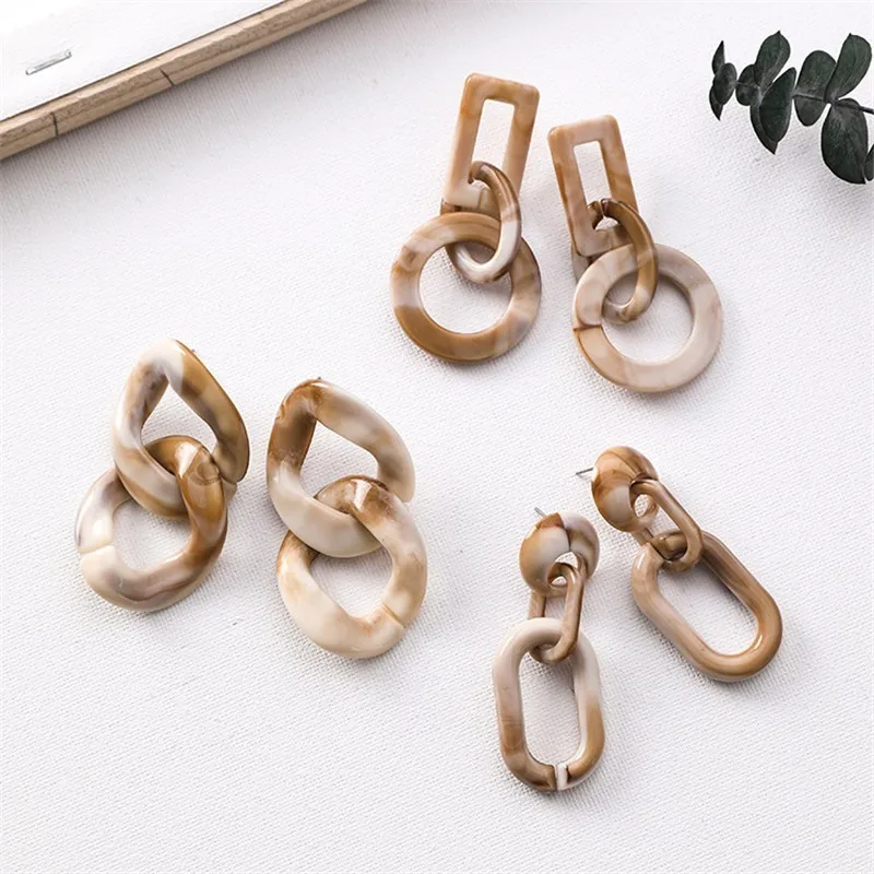 

Huanzhi Vintage Marble Pattern Acrylic Irregular Geometric Twisted Circle Chaim Long Drop Earrings For Women Acetate Earrings